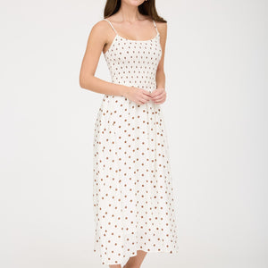 White Polka Dot Smocked Basque Waist Midi Dress