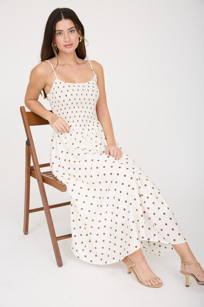 White Polka Dot Smocked Basque Waist Midi Dress