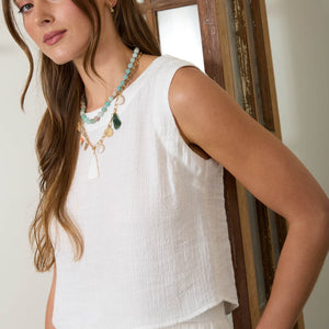 White Textured Sleeveless Back Button Detail Top