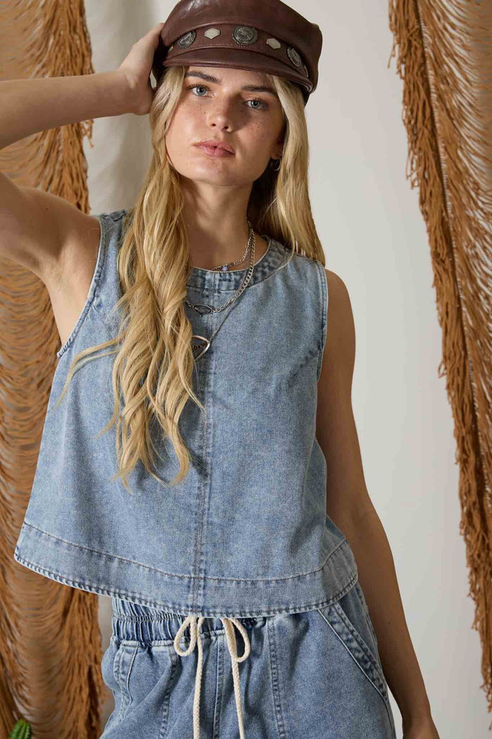 Washed Denim Back Button Sleeveless Top