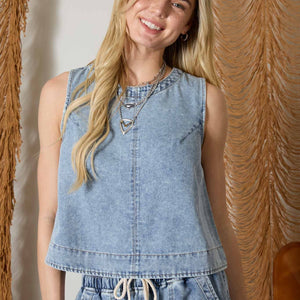 Washed Denim Back Button Sleeveless Top