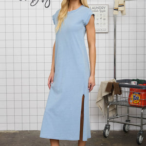Blue Short Sleeve Side Slit Detail Knit T-shirt Midi Dress