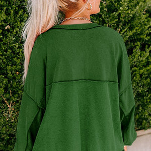 Green Drop Shoulder Henley Buttons Sweatshirt