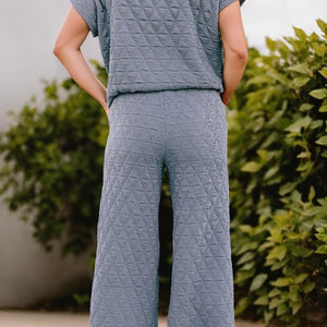 Blue Gray Quilted Short Sleeve Wide Leg Pants Set