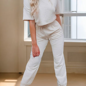 White Textured Cropped Tee and Jogger Pants Set