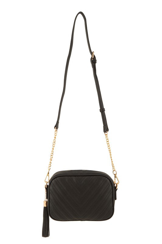 V Quilted Rectangular Crossbody Bag with Tassel, 3 Colors