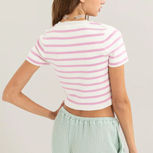 PINK STRIPED SHORT SLEEVE KNIT CROP TOP