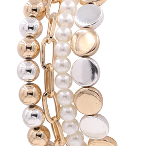 Metal Cream Pearl Stretch Bracelet Set Silver or Two tone