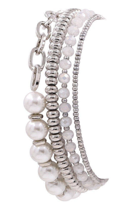 Cream Pearl Metal Chain Stretch Bracelet Set gold or silver
