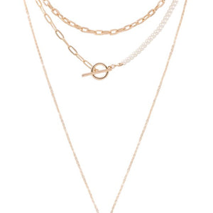 Metal cream pearl chain quatrefoil stone 3-piece necklace set, Black or Pink