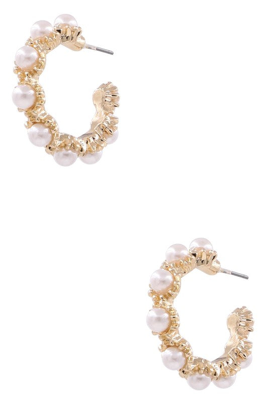 Chunky pearl open hoop earrings