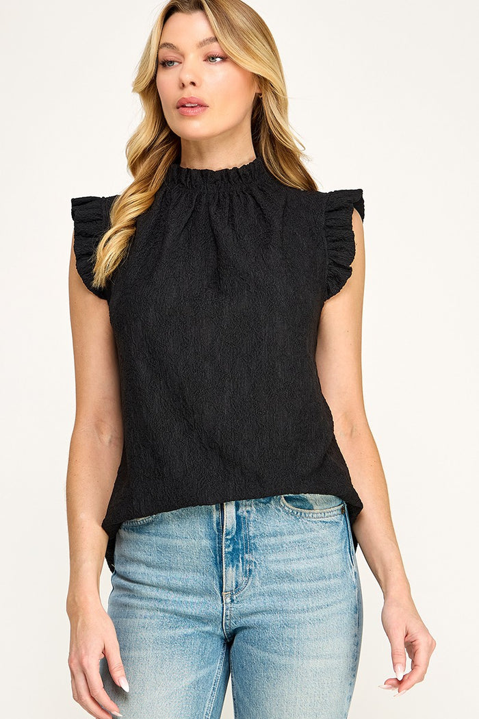 Black Lace ruffled neckline and sleeve top