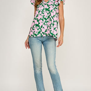 Green and pink Print v neck top Double ruffle cap sleeve