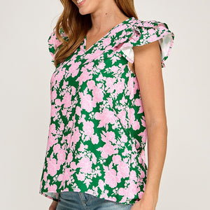 Green and pink Print v neck top Double ruffle cap sleeve