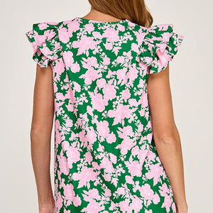 Green and pink Print v neck top Double ruffle cap sleeve