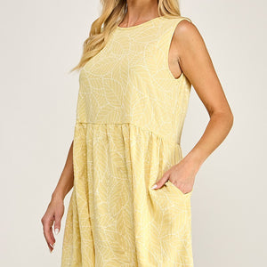 Yellow Print sleeveless baby doll dress