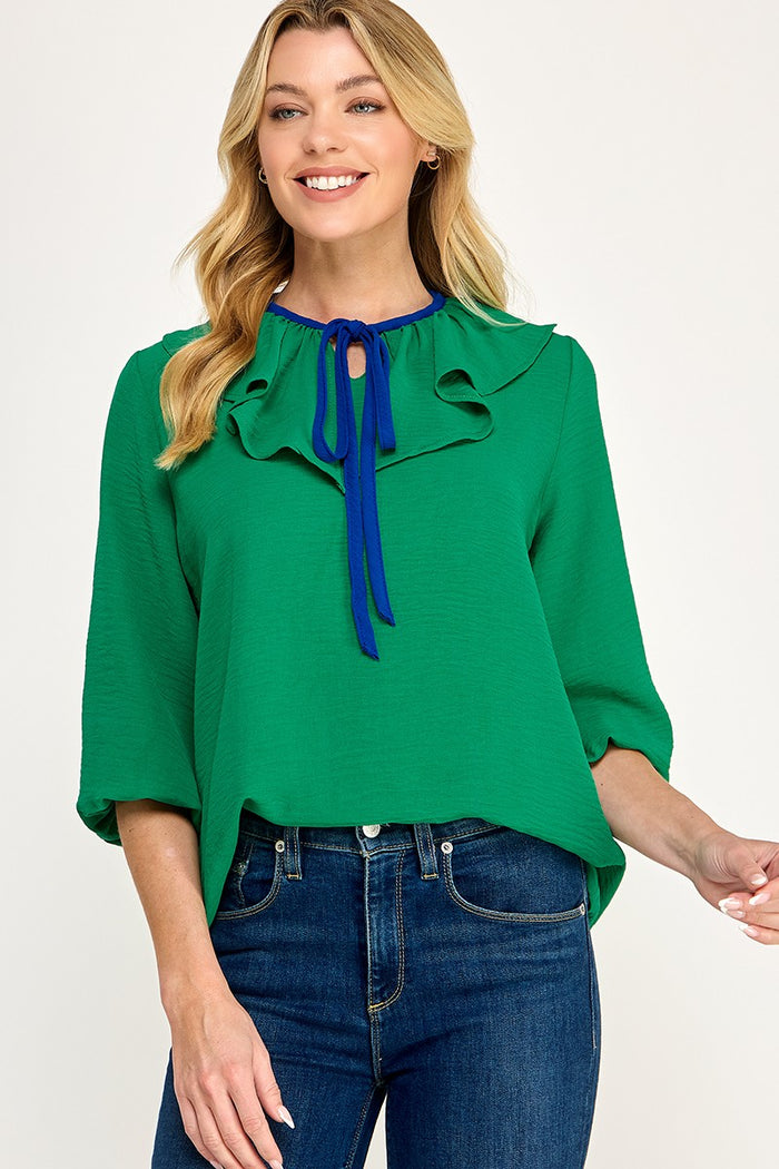 Kelly green blouse with tie detail
