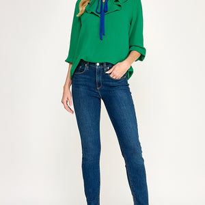 Kelly green blouse with tie detail