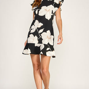 Black Floral print ruffle dress