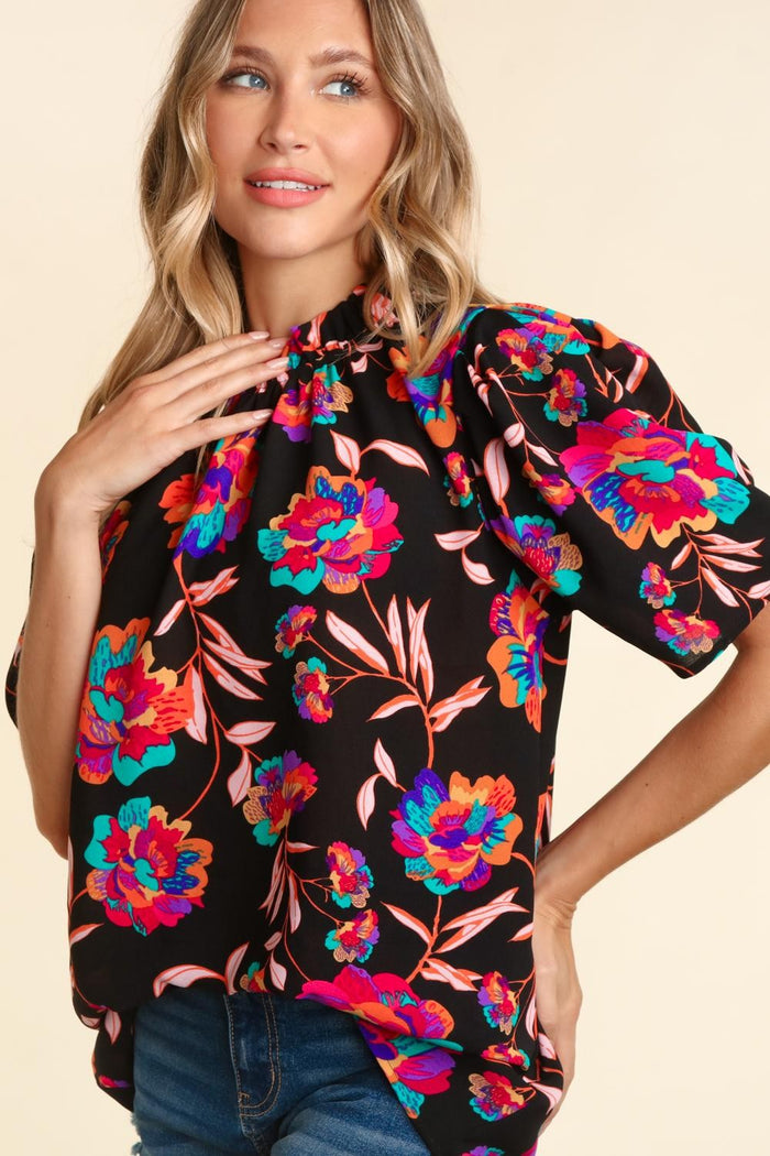 FRILLED MOCK NECK FLORAL BLOUSE