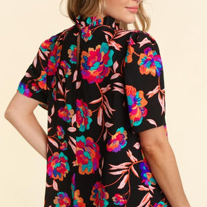 FRILLED MOCK NECK FLORAL BLOUSE