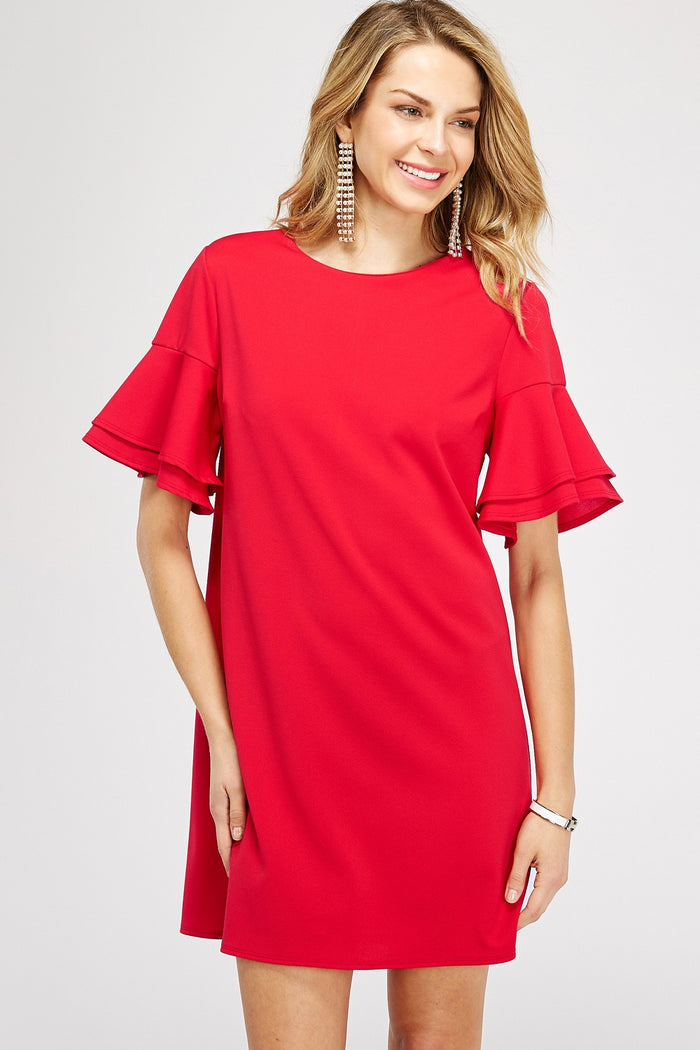 Red Double ruffle sleeve shift dress
