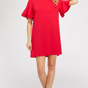 Red Double ruffle sleeve shift dress