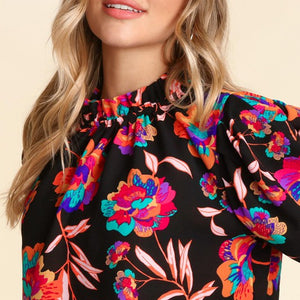 FRILLED MOCK NECK FLORAL BLOUSE