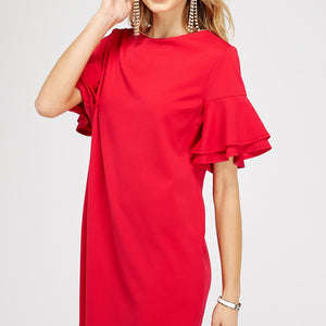 Red Double ruffle sleeve shift dress
