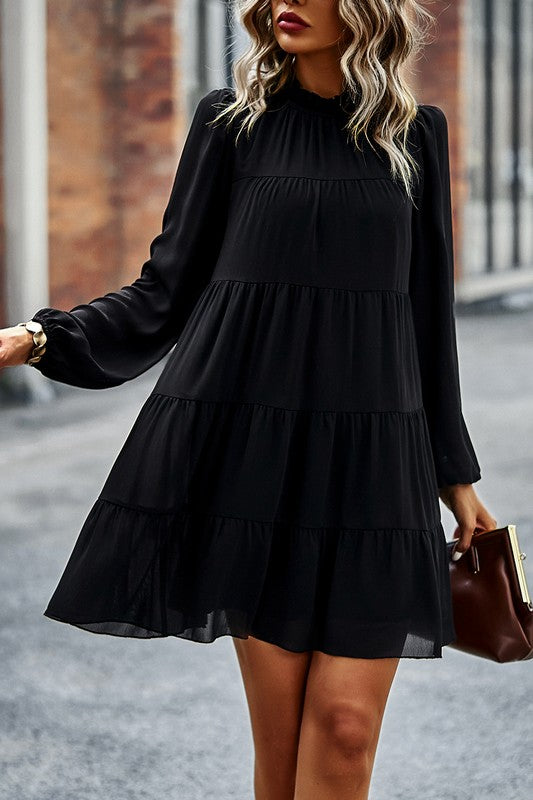 Black Solid Lined Color Block Loose Fit Dress