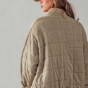OLIVE QUILTED KNIT LOOSE FIT ZIP UP JACKET