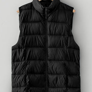 BLACK QUILTED STAND COLLAR ZIP UP WARM PUFFER VEST