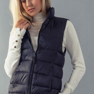 BLACK QUILTED STAND COLLAR ZIP UP WARM PUFFER VEST