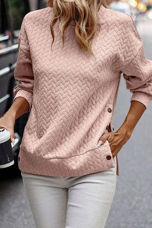 Pink Snap Cable Textured Sweatshirt