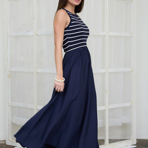 Navy Stripe Tank Sleeveless Mixed Media Midi Dress