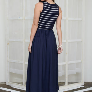 Navy Stripe Tank Sleeveless Mixed Media Midi Dress