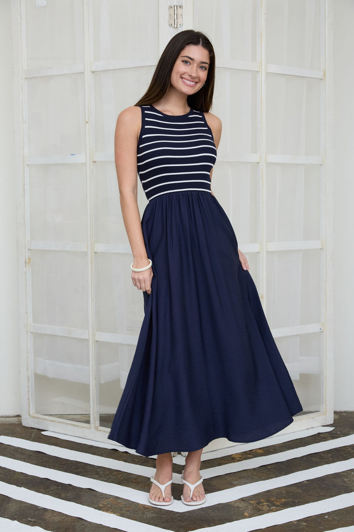 Navy Stripe Tank Sleeveless Mixed Media Midi Dress