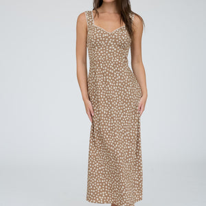 Light brown Floral Sweetheart Neck Trim Detail Midi Dress