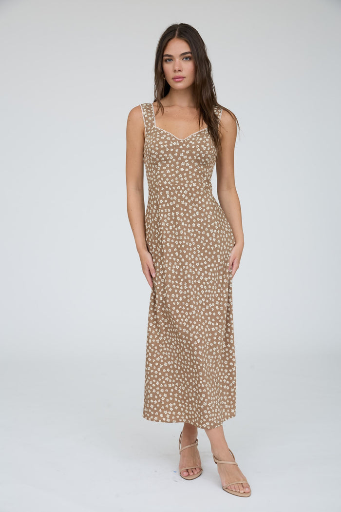 Light brown Floral Sweetheart Neck Trim Detail Midi Dress