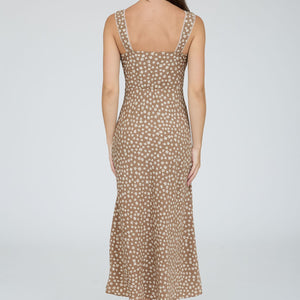 Light brown Floral Sweetheart Neck Trim Detail Midi Dress