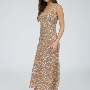 Light brown Floral Sweetheart Neck Trim Detail Midi Dress