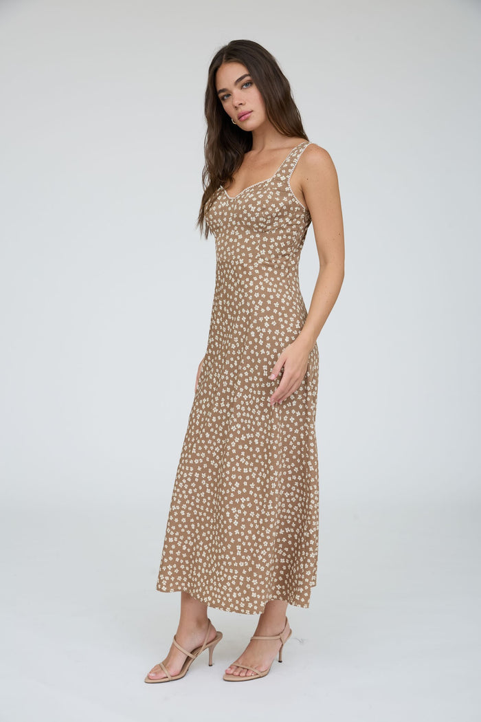 Light brown Floral Sweetheart Neck Trim Detail Midi Dress