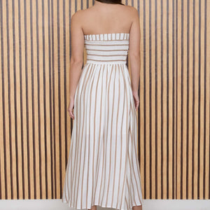 Olive Stripe Pleated Strapless Linen Midi Dress