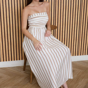 Olive Stripe Pleated Strapless Linen Midi Dress