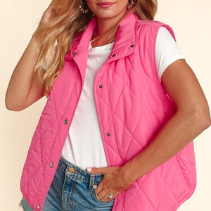 PINK HIGH NECK SNAP BUTTON QUILTED PUFFER VEST