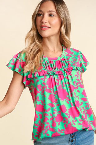 FRILLED SHORT SLEEVE FLORAL PRINT KNIT TOP