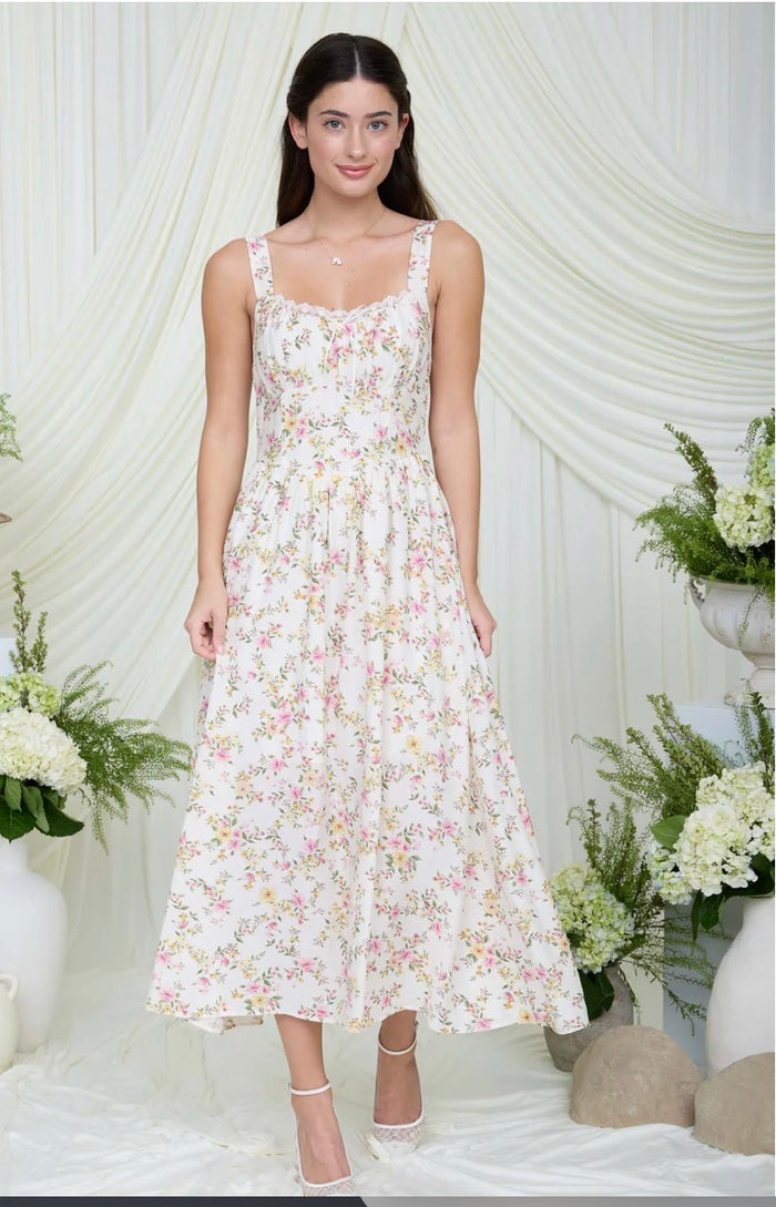 FLORAL LACE TRIM CORSET SLEEVELESS MIDI DRESS