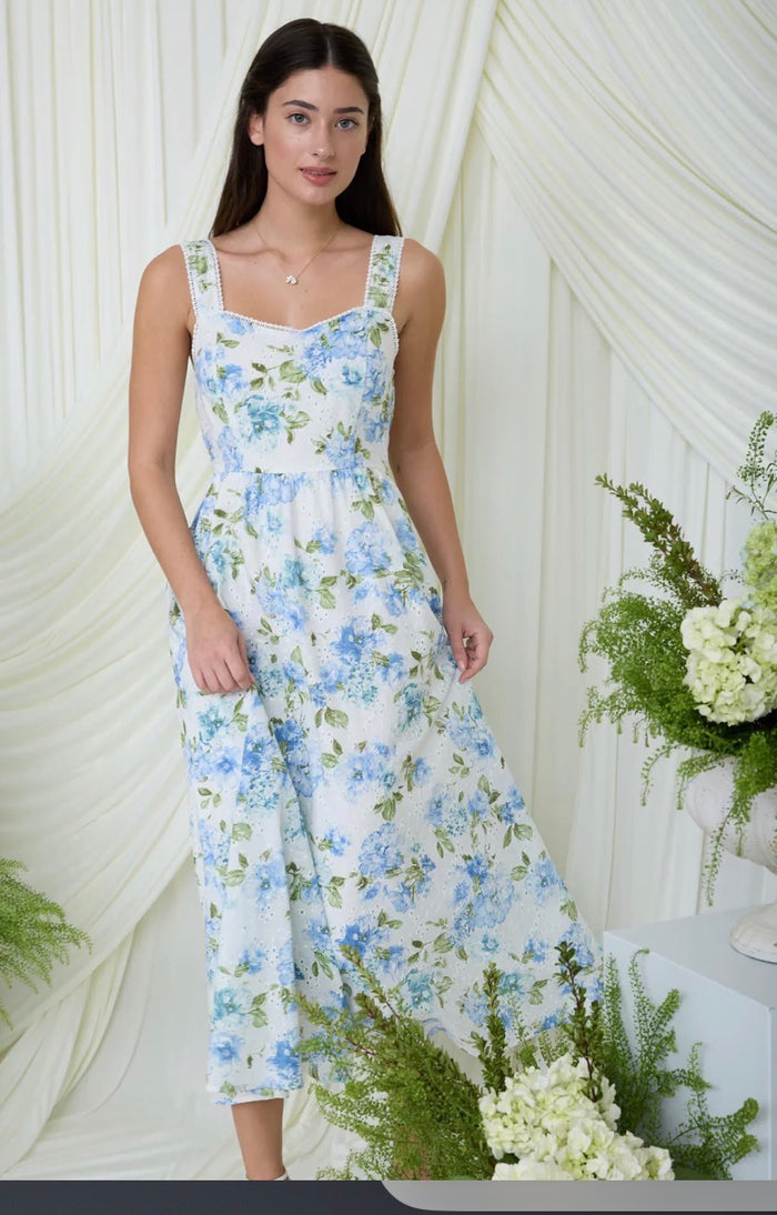 FLORAL EYELET PATTERN SCALLOP LACE TRIM MIDI DRESS