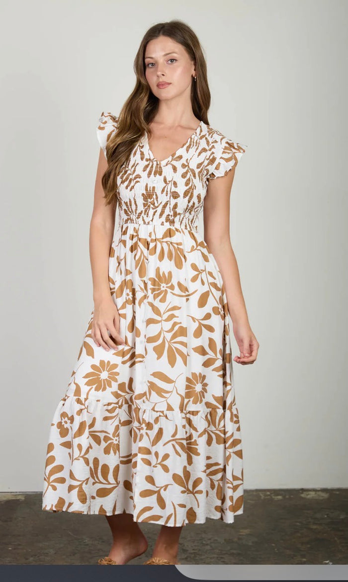 FLORAL LEAF PRINT SMOCKED MOCK BUTTON MIDI DRESS