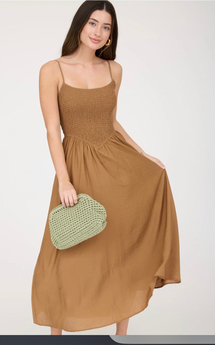 Brown SMOCKED BASQUE WAIST SPAGHETTI STRAP MIDI DRESS